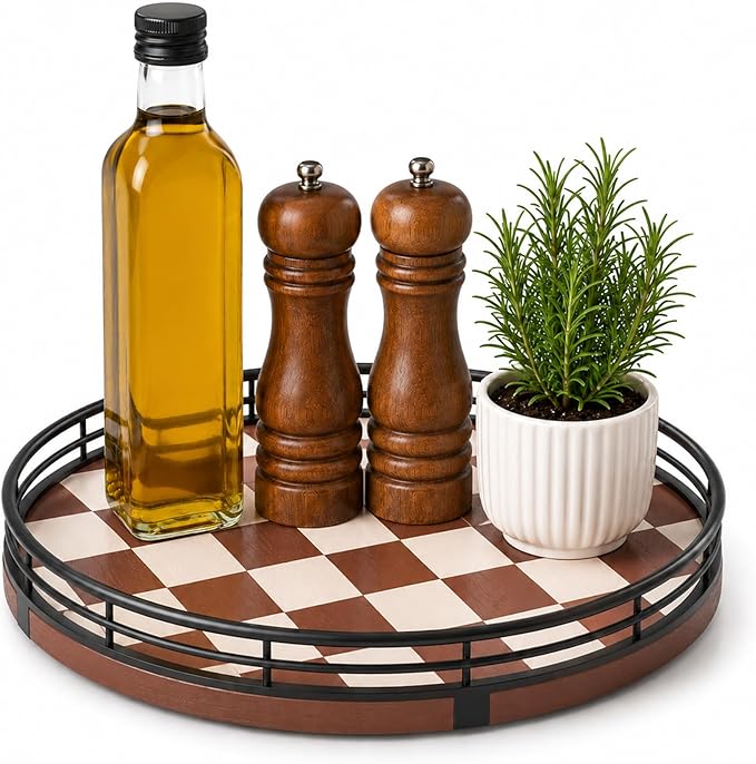 AMH 9-Inch Brown Checkerboard Lazy Susan Organizer by AMH