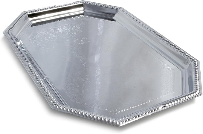 Elegant Floral Engraved Serving Tray Chrome Plated Steel Plate Platter - Image 7