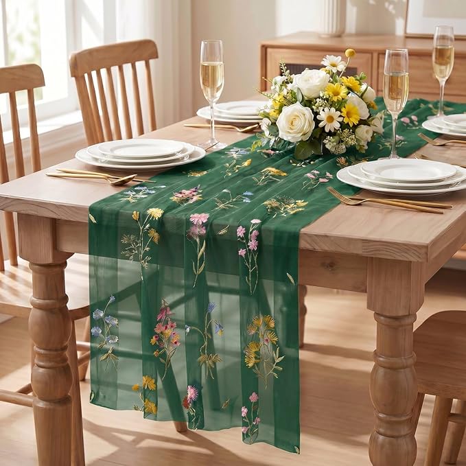 Artoid Mode Wildflower Floral Green Gauze Embroidery Table Runner 120 Inch 10FT - Image 2
