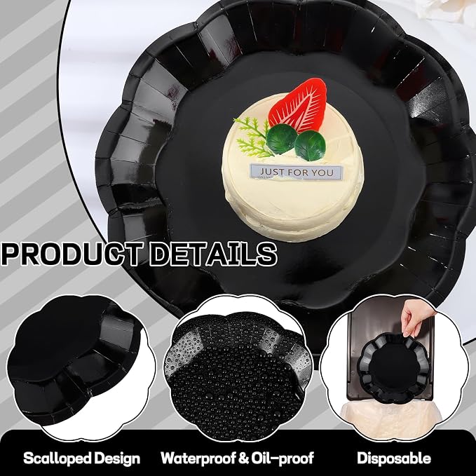 NatNarr 30 Pcs Black Paper Plates, 9 Inch Scalloped Black Plates Dinner Plate - Image 3