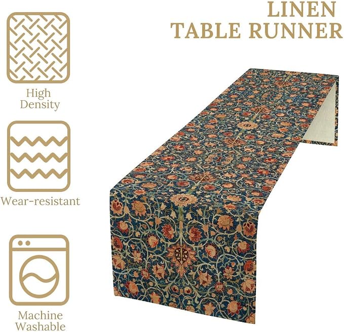 William Morris Table Runner, Boho Rustic Ethnic Flower Original Design Print - Image 4