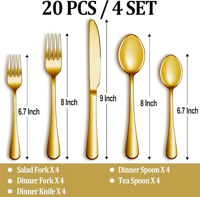 20 Pcs Gold Silverware Set Service - Image 2