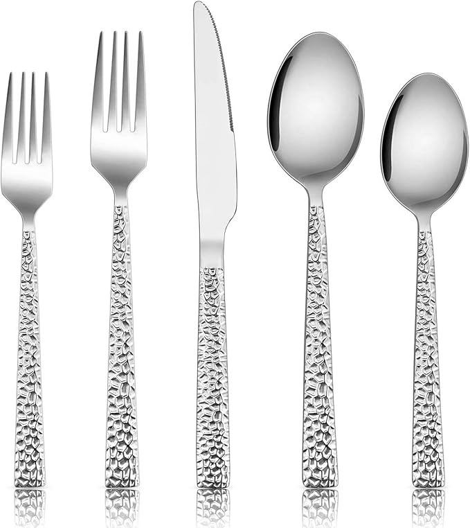 E-far 60-Piece Silverware Set, Hammered Stainless Steel Square Flatware Cutlery by E-far