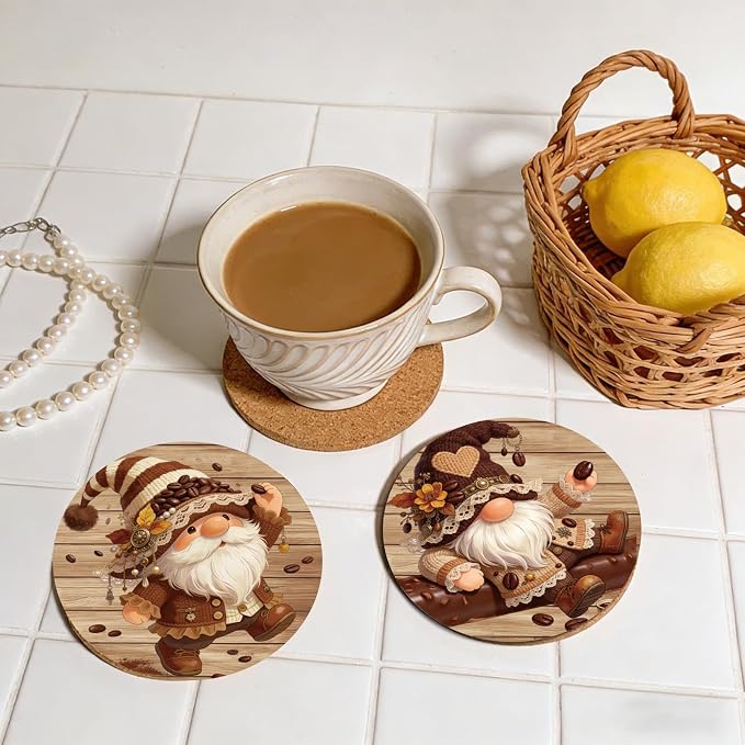 10pcs Coasters for Drinks Cute Coffee Gnome Absorbent Coasters Set Round - Image 7
