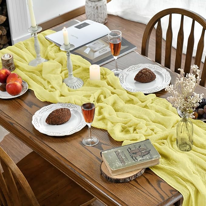 Artoid Mode Boho Light Yellow Gauze Wedding 6Pcs Table Runner, 120 Inch - Image 2
