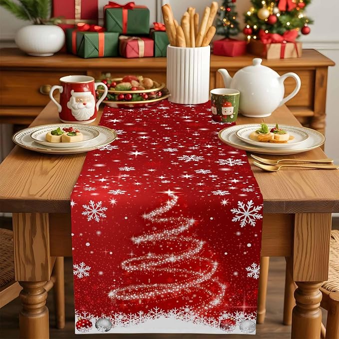 Red Christmas Table Runner 72 Inches Long, Xmas Tree Balls Snowflake Table - Image 5