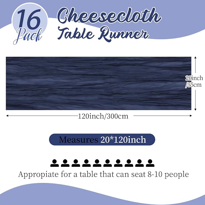 16 Pack Navy Blue Cheesecloth Table Runners 20x120 Inch Gauze Table Runner - Image 2