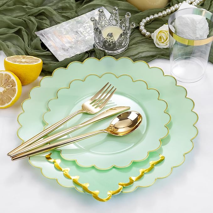 LIYH 210Pcs Gold Trim Sage Green Plastic Plates, Dinnerware Set - Image 5