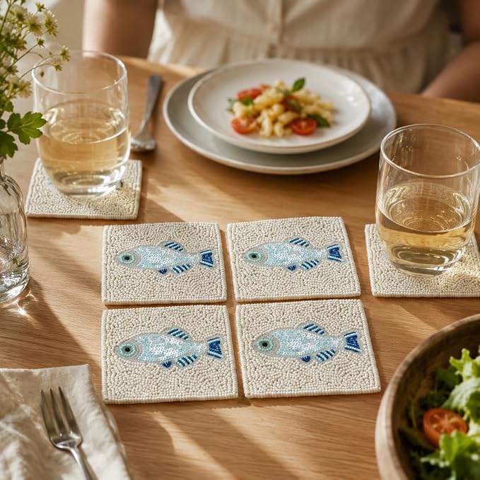 Coaster Set of 4, Handmade Beaded Bar Drink Tabletop Protection Coasters - Image 5