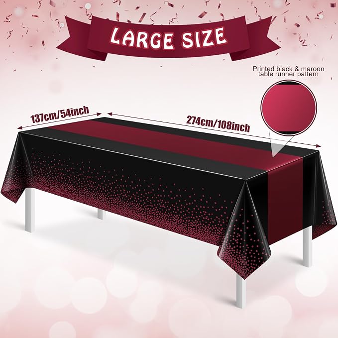3Pcs Black and Maroon Tablecloth Party Decorations, Plastic Black Table Cloth - Image 2
