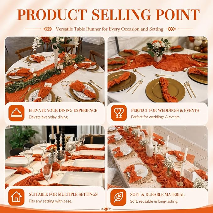12 Pack Orange Cheesecloth Table Runner 17x108 Inch Boho Rustic Semi Sheer - Image 7