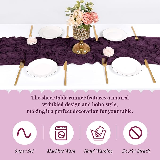 6 Pack Dark Purple Cheesecloth Table Runner, 17 x 108 Inch, Gauze Cheese Cloth - Image 5