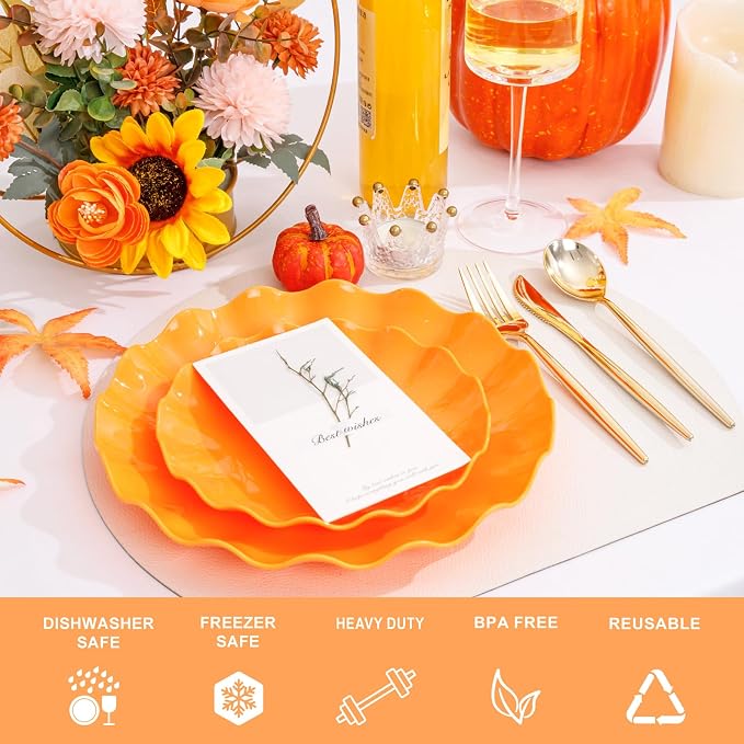 LIYH 50 Pcs Orange Scalloped Plastic Plates, Unbreakable Dishwasher Safe | BPA - Image 2