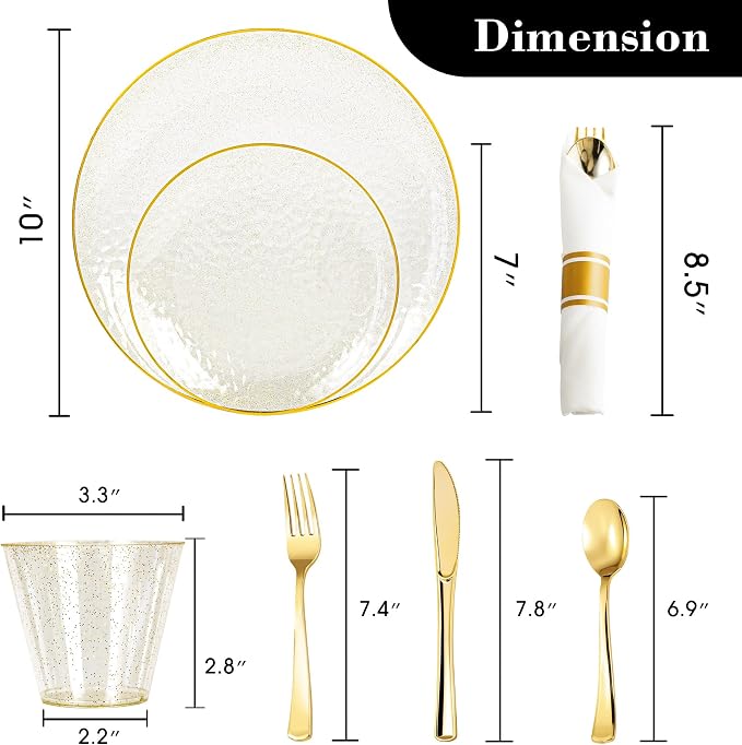 HOMIP 175PCS Clear Gold Glilter Plastic Dinnerware Set, Prerolled Silverware | - Image 2