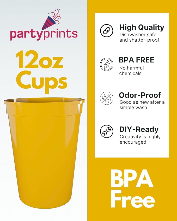 PartyPrints 10 Pack Small 10 to 12 oz Yellow Reusable Blank Plastic Cups - Image 4