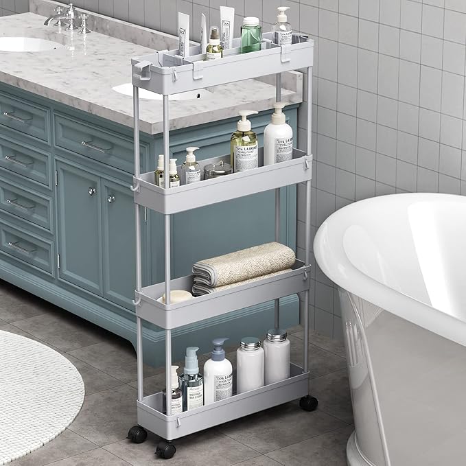 Slim Storage Cart 4 Tier, Bathroom Organizer Rolling Utility, Mobile Shelving by Home