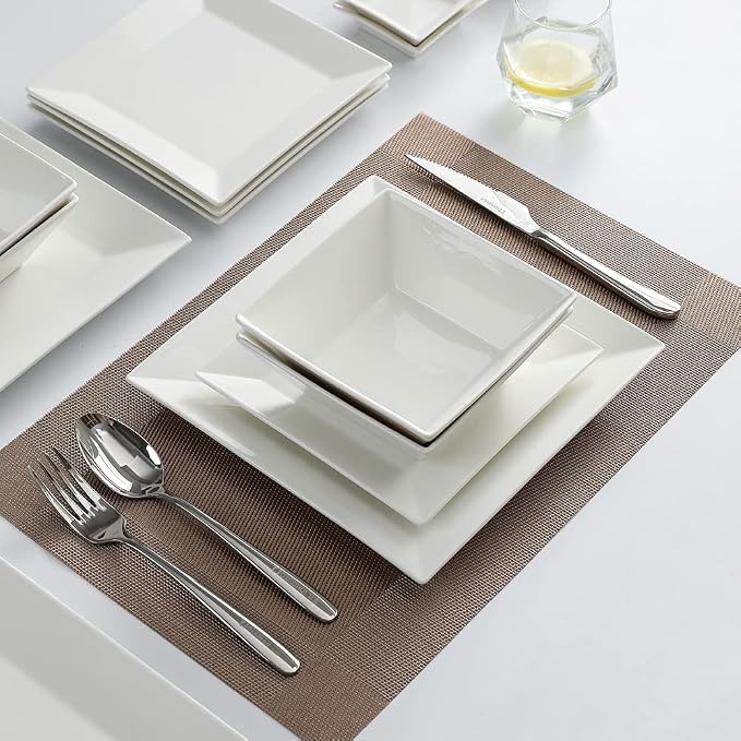 Off-White Porcelain Dinnerware Set, Square Dishes Set - Image 3