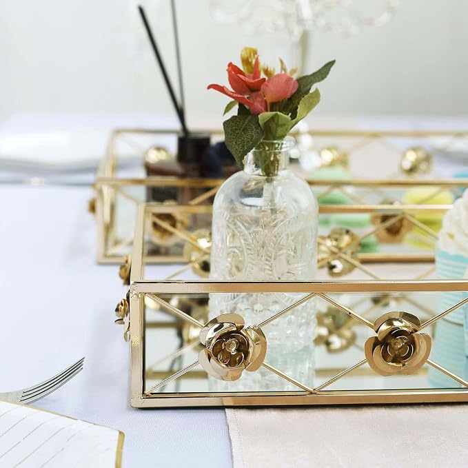 Efavormart Set of 2 Gold Metal Decorative Serving Trays Floral Bordered - Image 8
