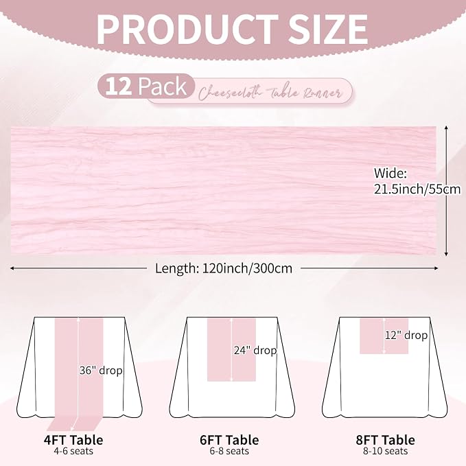 12 Pack Light Pink Cheesecloth Table Runner 10Ft, Gauze Table Runners 21.5 x - Image 2