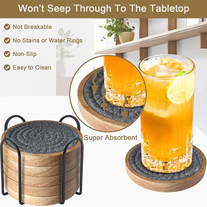 Eykao 6 Pack Coasters for Drinks Absorbent, 4.3 inches Cork Coasters for Coffee - Image 2