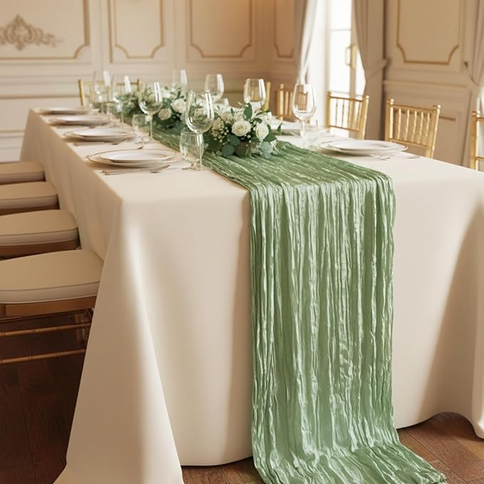 8 Pack Sage Green Cheesecloth Table Runner 120 Inch Boho Wedding Decor | - Image 8