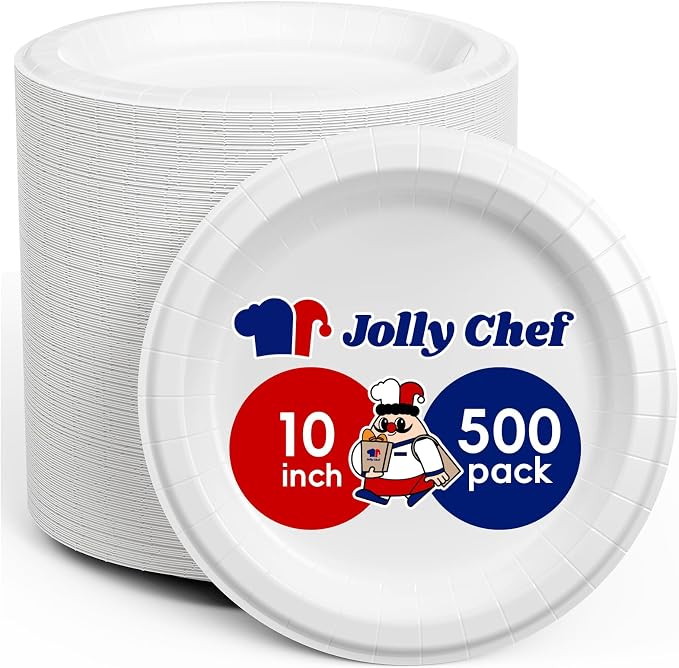 Paper Plates 500 Count 10 inch Disposable | Soak Proof, Cut Proof, Microwave by JOLLYCHEF