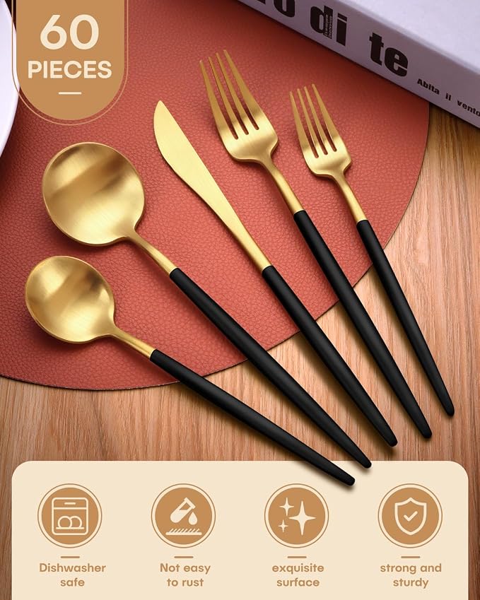 Gold and Black Silverware Set, Ollex 60-Piece Modern Silverware Set - Image 2