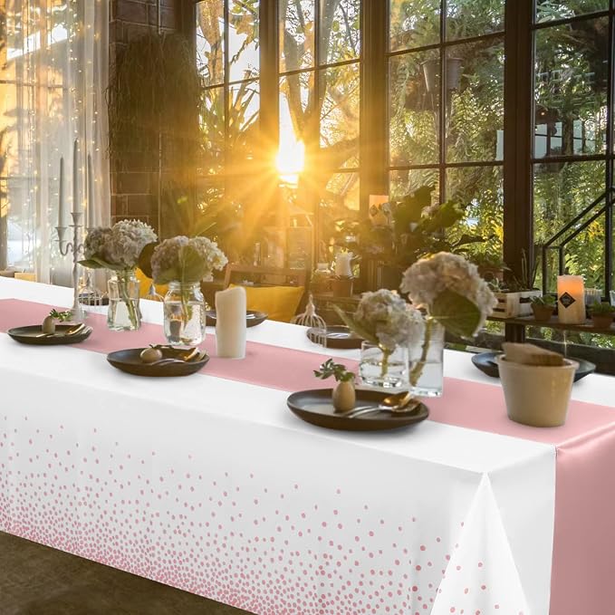 12 Pack Disposable Plastic Tablecloths and Satin Table Runner Set White and - Image 7
