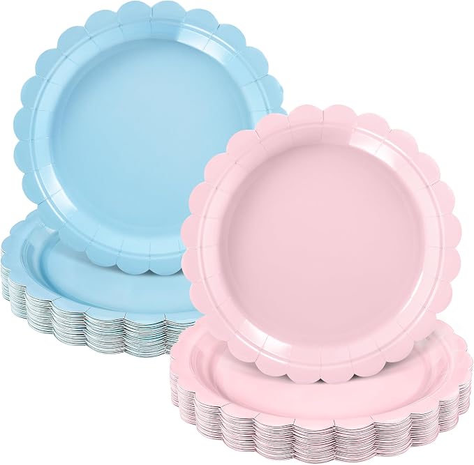 NatNarr 30 Pcs Gender Reveal Plates, 9 Inch Pink Blue Paper Plates | Scalloped by NatNarr