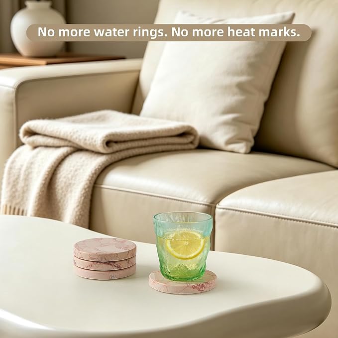 Natural Marble Coaster Set of 4.Round Drinks Coasters, Non-Ceramic/Non-Resin | - Image 4