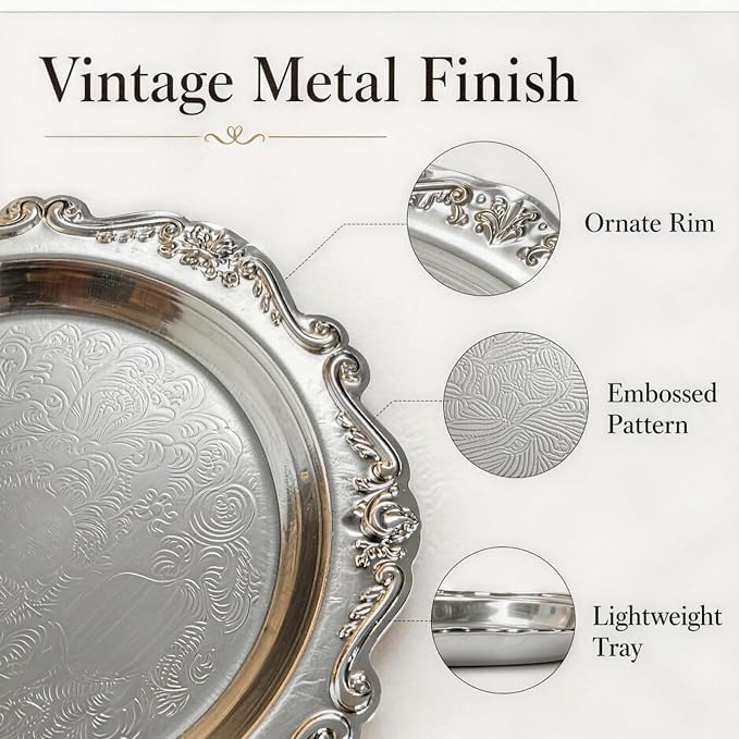 Round Silver Tray, Serving Platters, Vintage Metal Dessert Snack Platter - Image 4