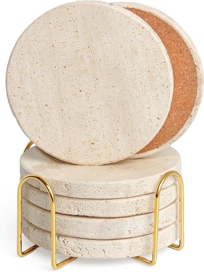 Natural Travertine Marble Coasters Set of 6-4" Round | Stone Drink Coasters by Unknown