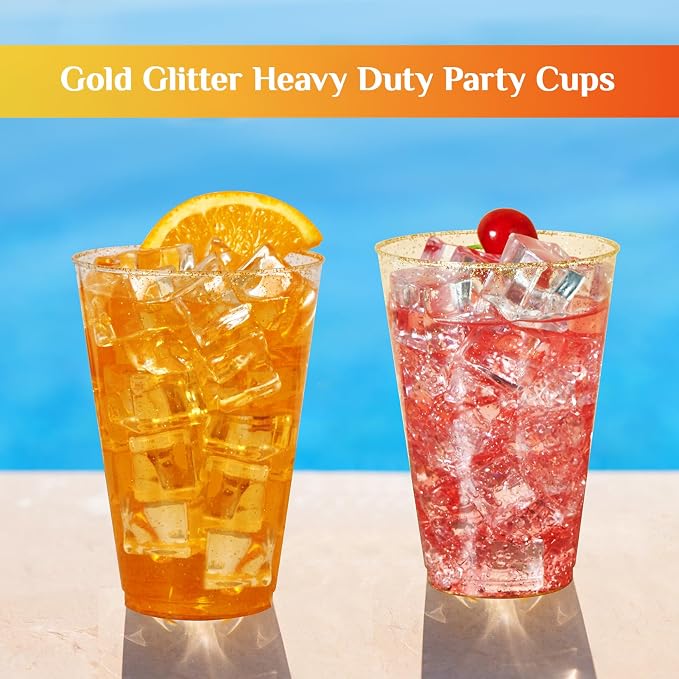 Vplus 100 Pack 14 OZ Gold Glitter Disposable Plastic Cups Glasses - Image 4