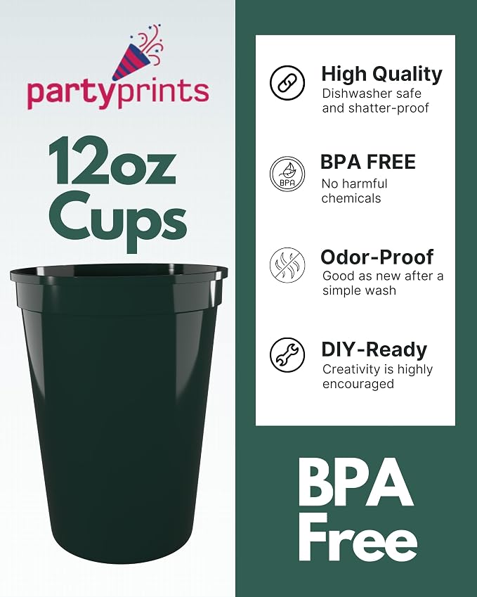 PartyPrints 10 Pack Small 10 to 12 oz Dark Green Reusable Blank Plastic Cups - Image 3