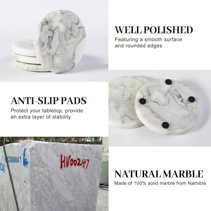 Marble Coaster Set of 4, Round White Coasters, Heat Resistant Coaster - Image 3