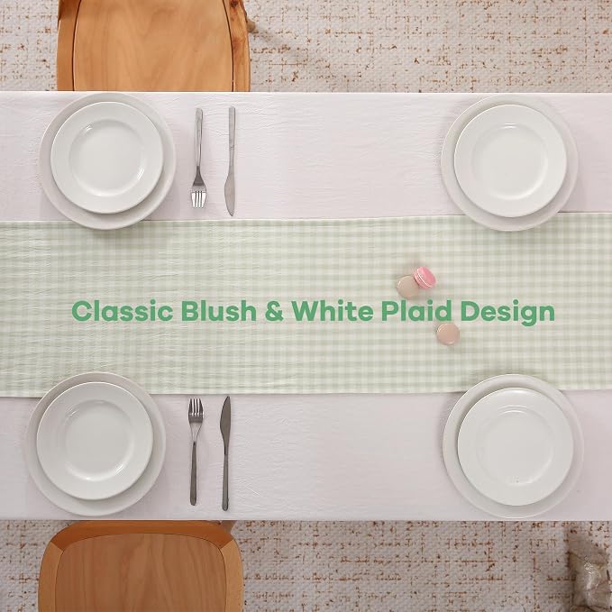 Pile Green White Plaid Gingham Ruffle Table Runner 108 inches Long 100% Washed - Image 4