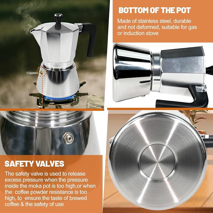6 Cup Aluminum and Stainless Steel Moka Pot Espresso Stovetop Coffee | Maker - Image 6