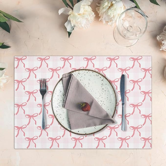 Pink Plaid Bow Placemats Set of 4, Washable Heat Resistant Placemats Kitchen - Image 3