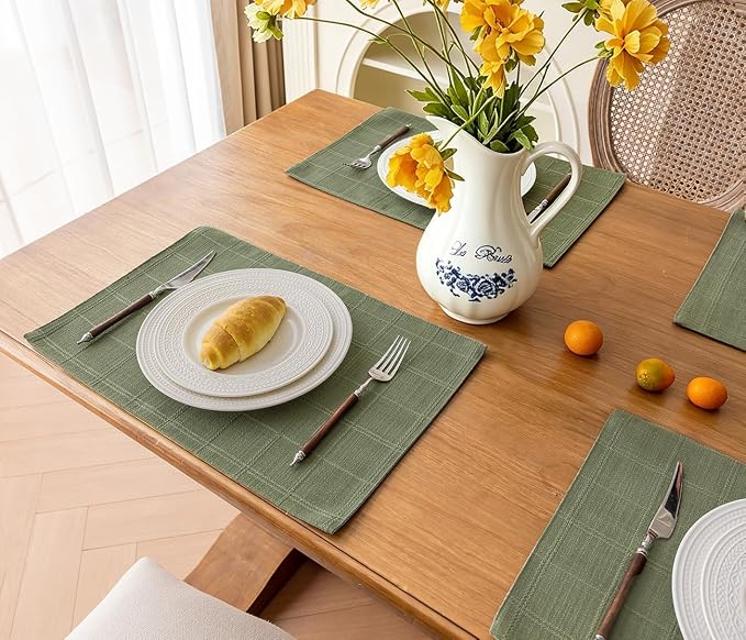 Linen Checked Placemats Set of 4, Sage Green Place Mats 12x18 Inch | Raised - Image 5