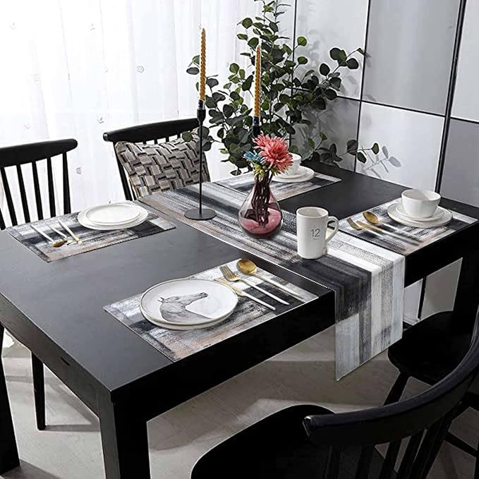 Black and Grey Modern Table Runner and Place Mats Set of 6 Abstract Black and - Image 3