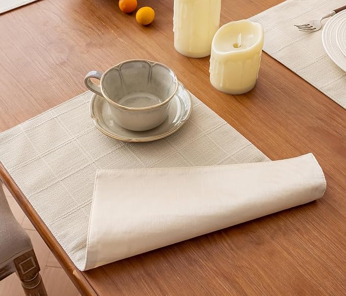 Linen Checked Placemats Set of 6, Ivory Rustic Place Mats 12x18 Inch | Raised - Image 6