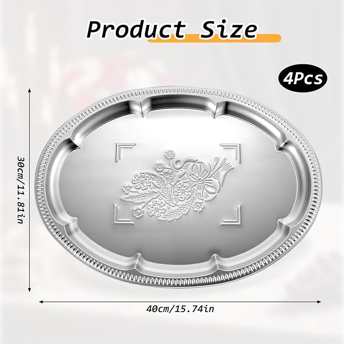 4 Pcs Silver Serving Trays Platter Tray Oval Stainless Steel 16.5 x 11.8 Inch - Image 2