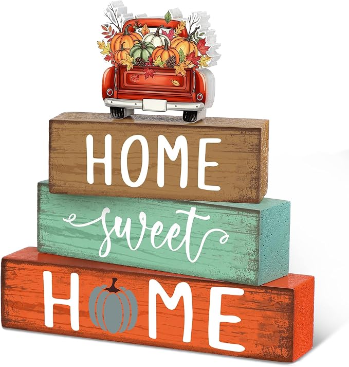 Cinnvoice 4 Pcs Fall Truck Pumpkin Wooden Block Decor Farmhouse Tiered Tray by Cinnvoice