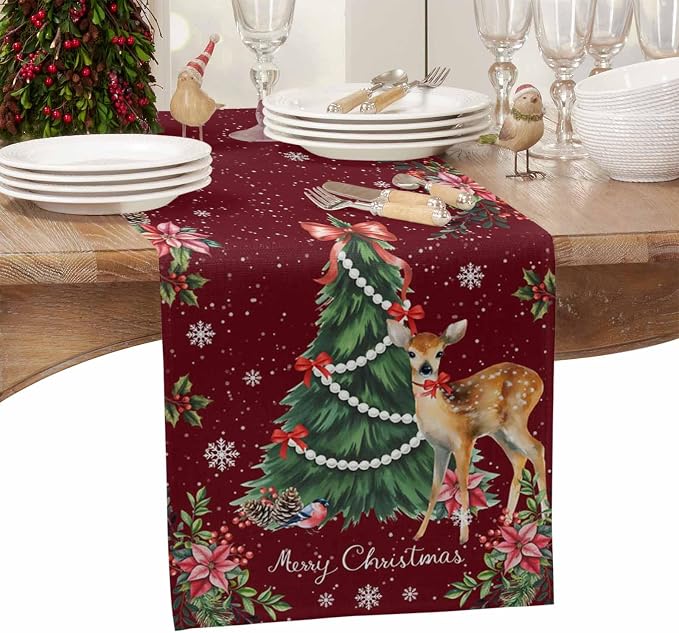 Christmas Reindeer Table Runners 120 Inches Long, Cotton Linen Fabric Red Table - Image 4