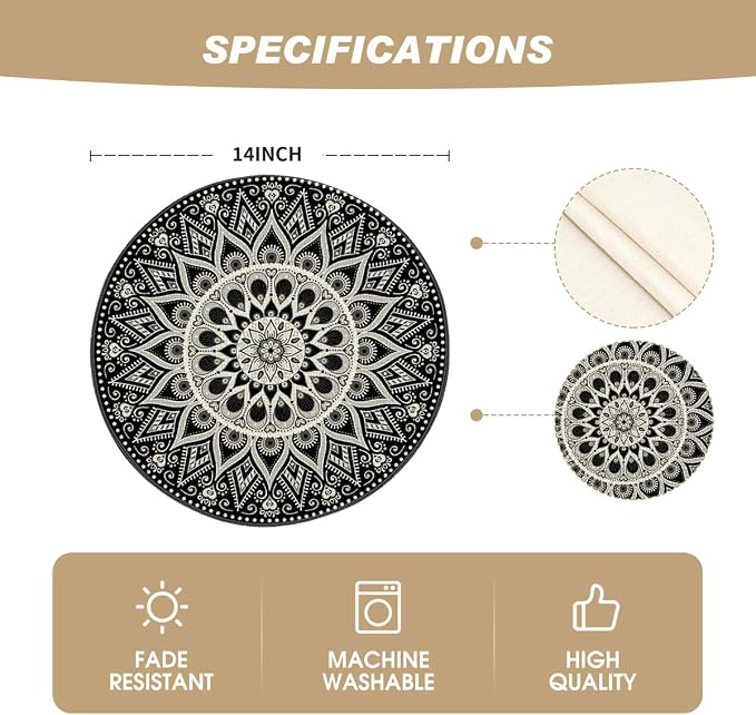 Artoid Mode Black Mandala Round Placemats Set of 4, 14 Inch Seasonal Spring - Image 6