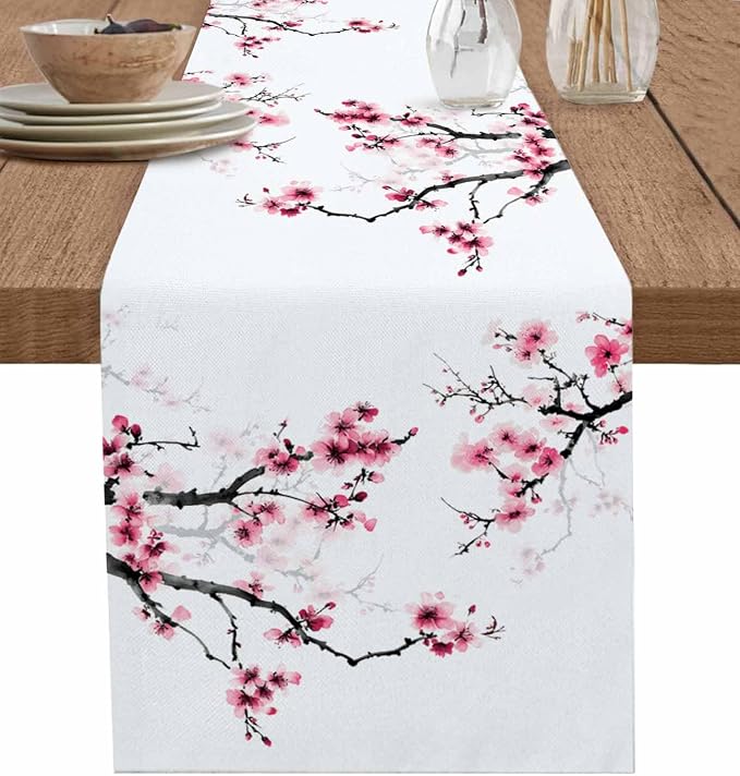 Pink Cherry Flowers Short Table Runners 48 Inches, Cotton Linen Fabric Table by Edwiinsa