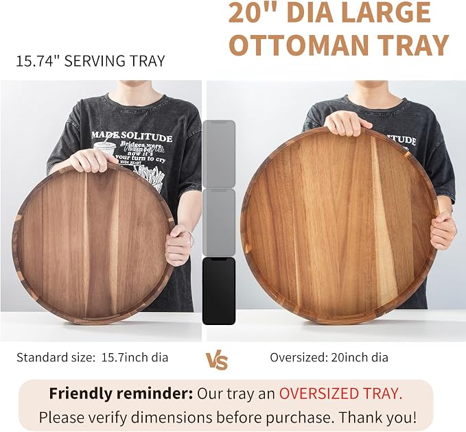 Extra Large Round Serving Tray, Heavy Duty Acacia Wood Trays - Image 7