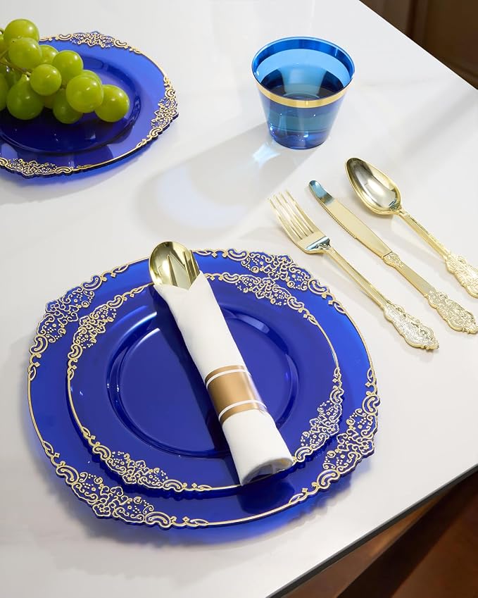 350 Piece Clear Blue Plastic Dinnerware Set - Image 5