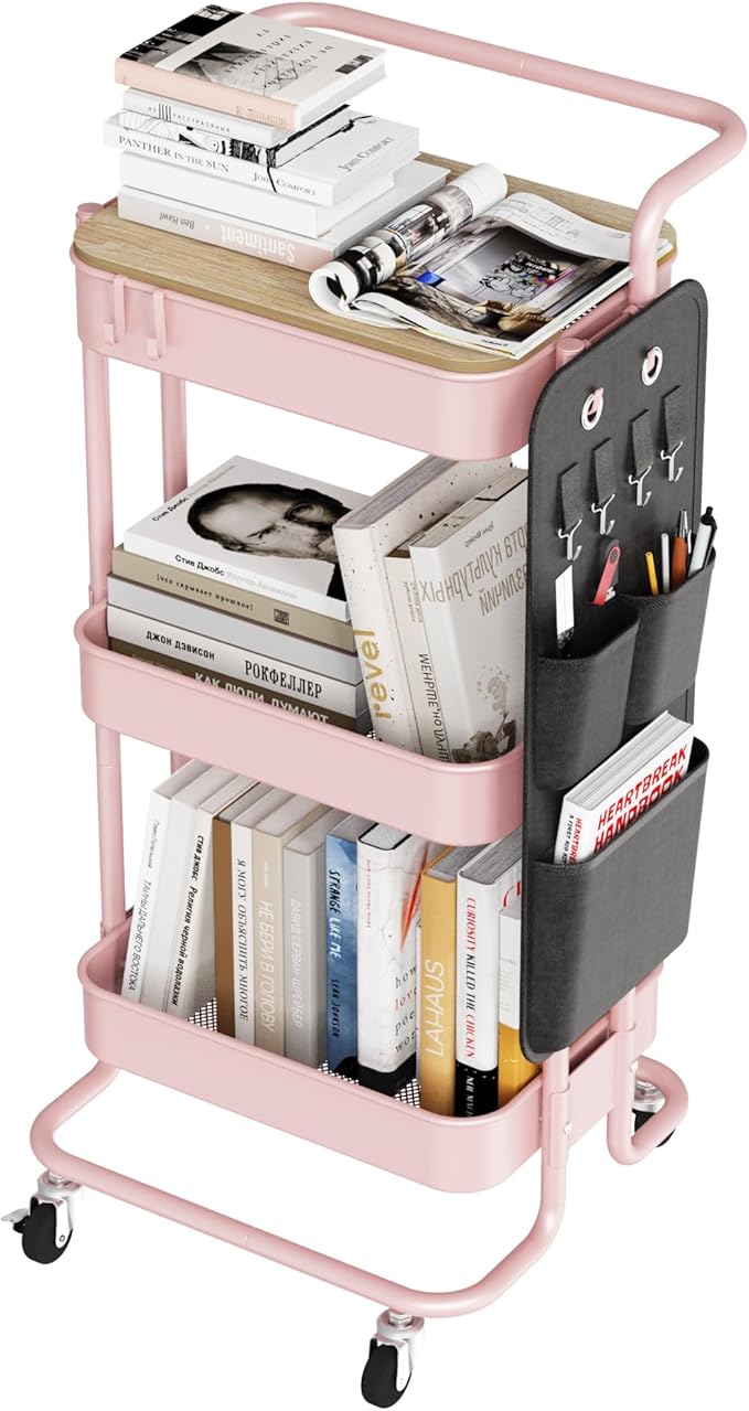 DTK 3-Tier Rolling Cart with Table Top, Metal Utility Cart with Side Bags | by DTK