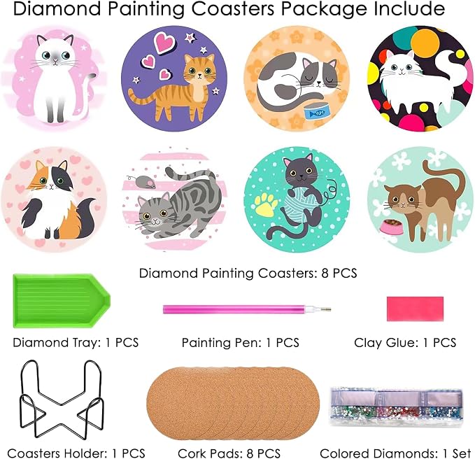 TDOOW 8 Pcs Diamond Art Coasters Cat - Image 3
